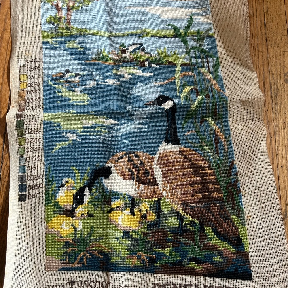 New Finished Needlepoint Geese Family  Top, 32”x48”